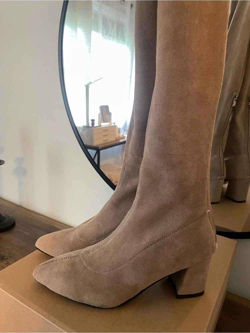 Taupe Suede Over-The-Knee Block Heel Boots